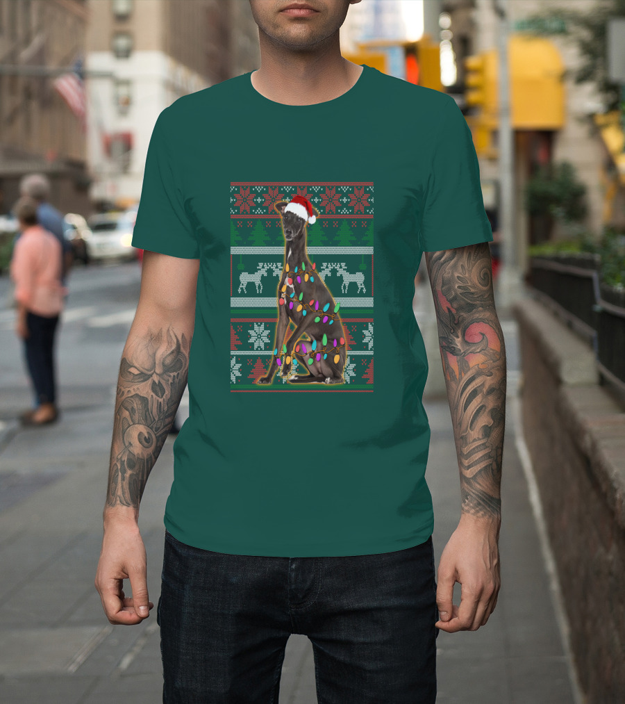 Greyhound Christmas Santa Hat And Lights Ugly T-Shirt