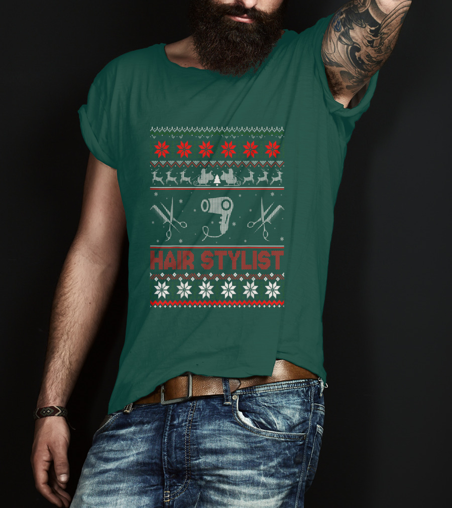 Hair Stylist Ugly Christmas Sweater Scissors And Hairdryer T-Shirt