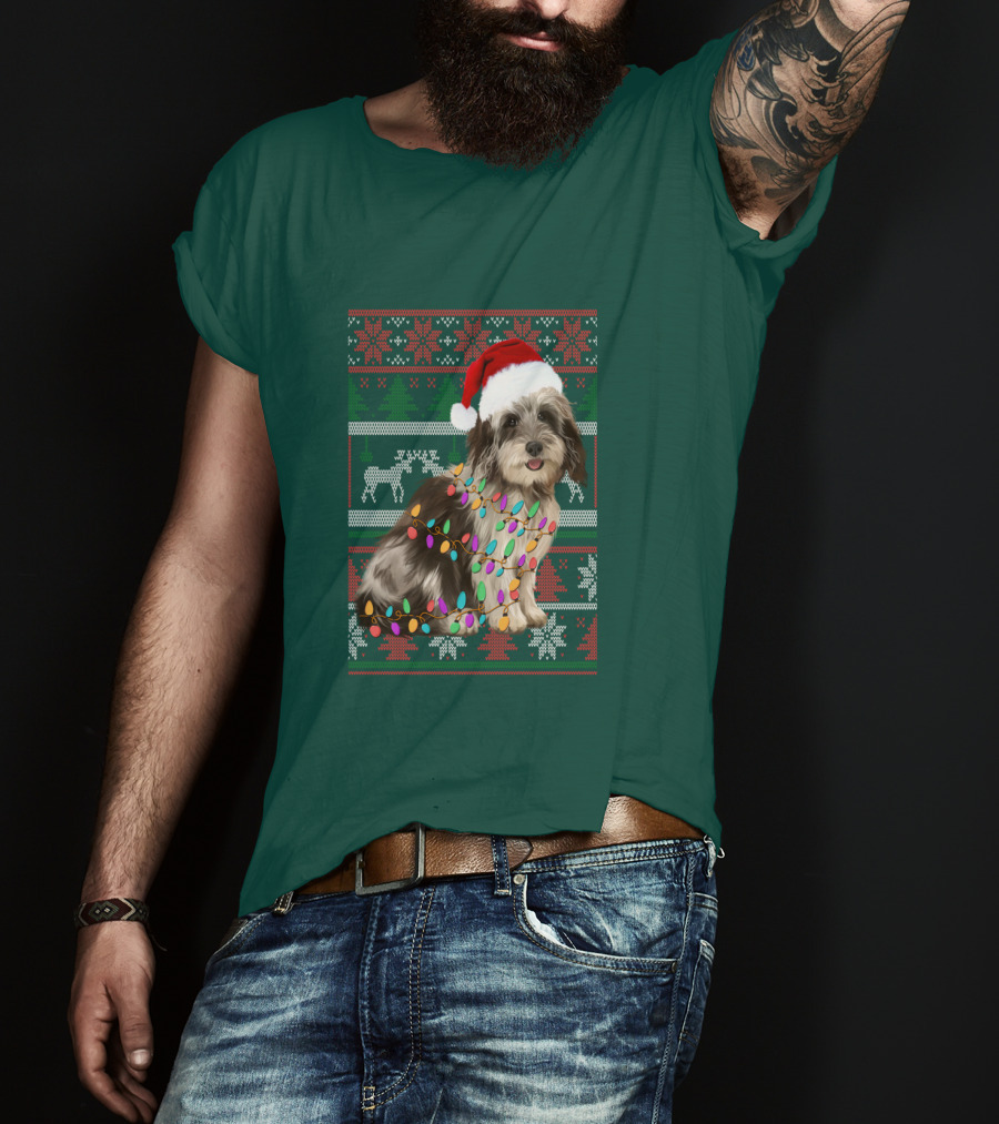 Havanese Festive Christmas Lights Santa Hat Ugly T-Shirt