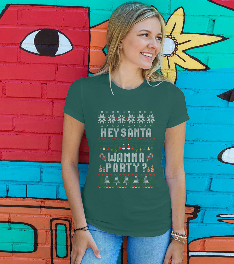 Hey Santa Wanna Party Christmas Ugly Sweater Style Holiday Festive T-Shirt