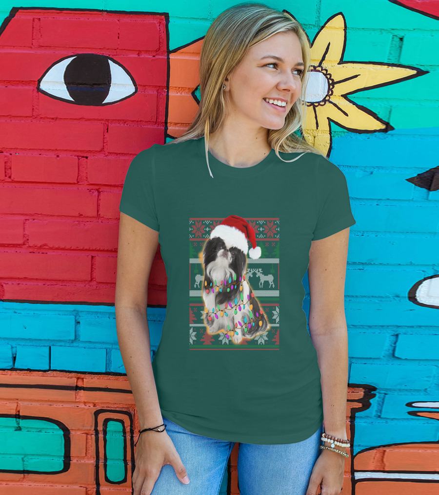 Japanese Chin Christmas Lights Sweater Santa Hat T-Shirt