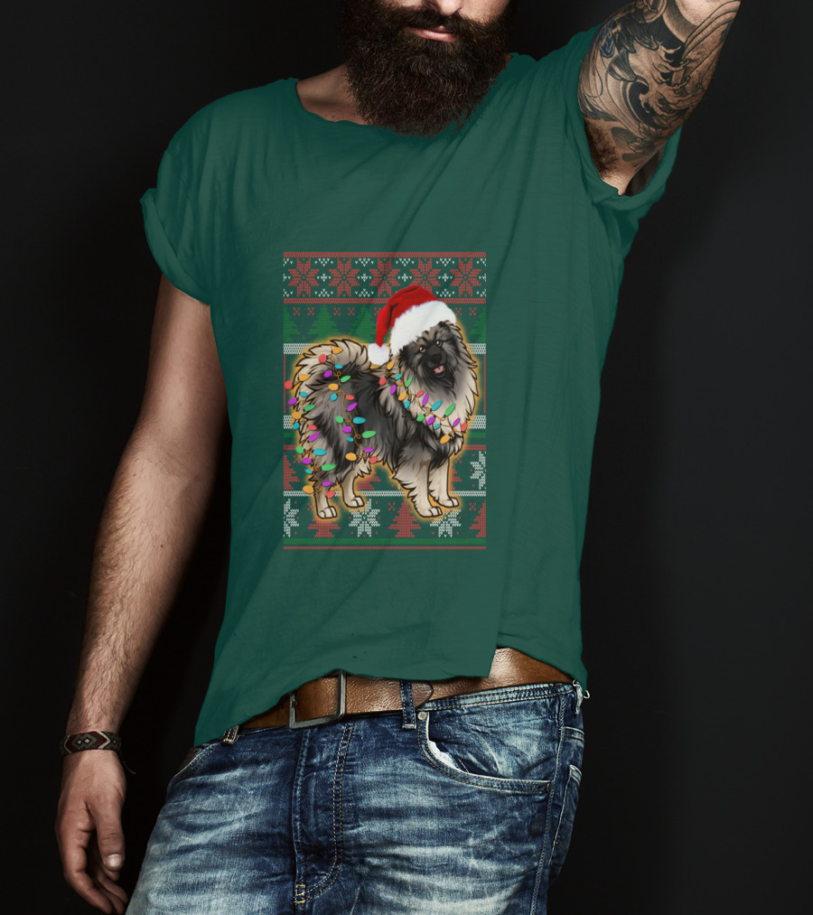 Keeshond Christmas Santa Hat And Lights Festive T-Shirt