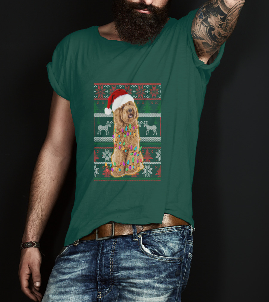 Labradoodle Christmas Lights Santa Hat Reindeer Snowflakes Green T-Shirt