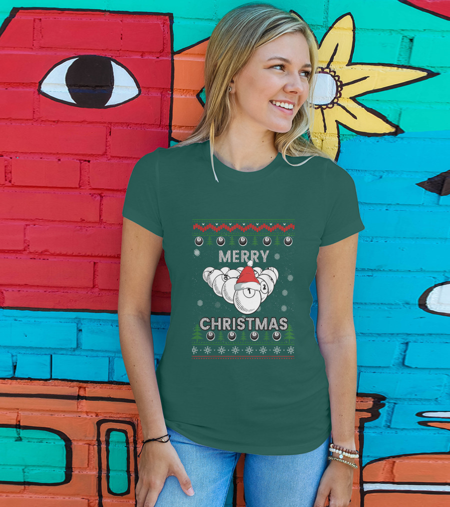 Merry Christmas Santa Hat Billiards Pool Balls Holiday Snowflakes T-Shirt