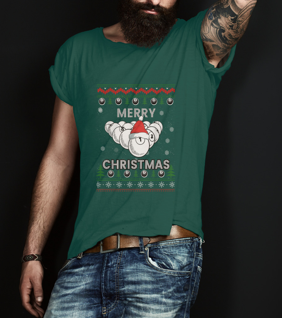 Merry Christmas Santa Hat Billiards Pool Balls Holiday Snowflakes T-Shirt