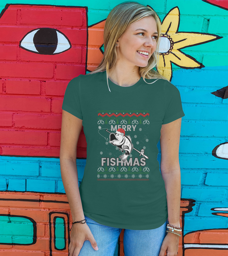 Merry Fishmas Fishing Santa Hat Bass Ugly Christmas T-Shirt