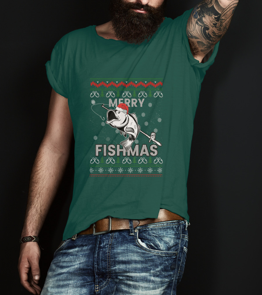 Merry Fishmas Fishing Santa Hat Bass Ugly Christmas T-Shirt