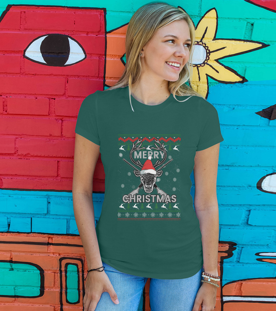 Merry Christmas Hunting Deer Antlers Santa Hat Snowflakes T-Shirt