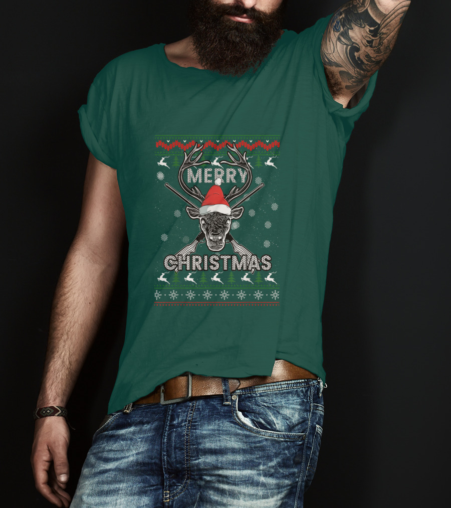 Merry Christmas Hunting Deer Antlers Santa Hat Snowflakes T-Shirt