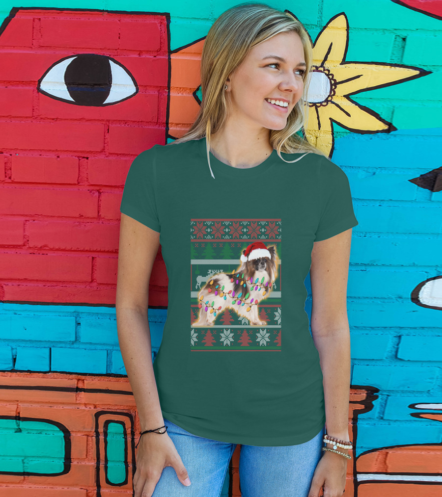 Papillon Dog In Christmas Sweater With Lights And Santa Hat T-Shirt