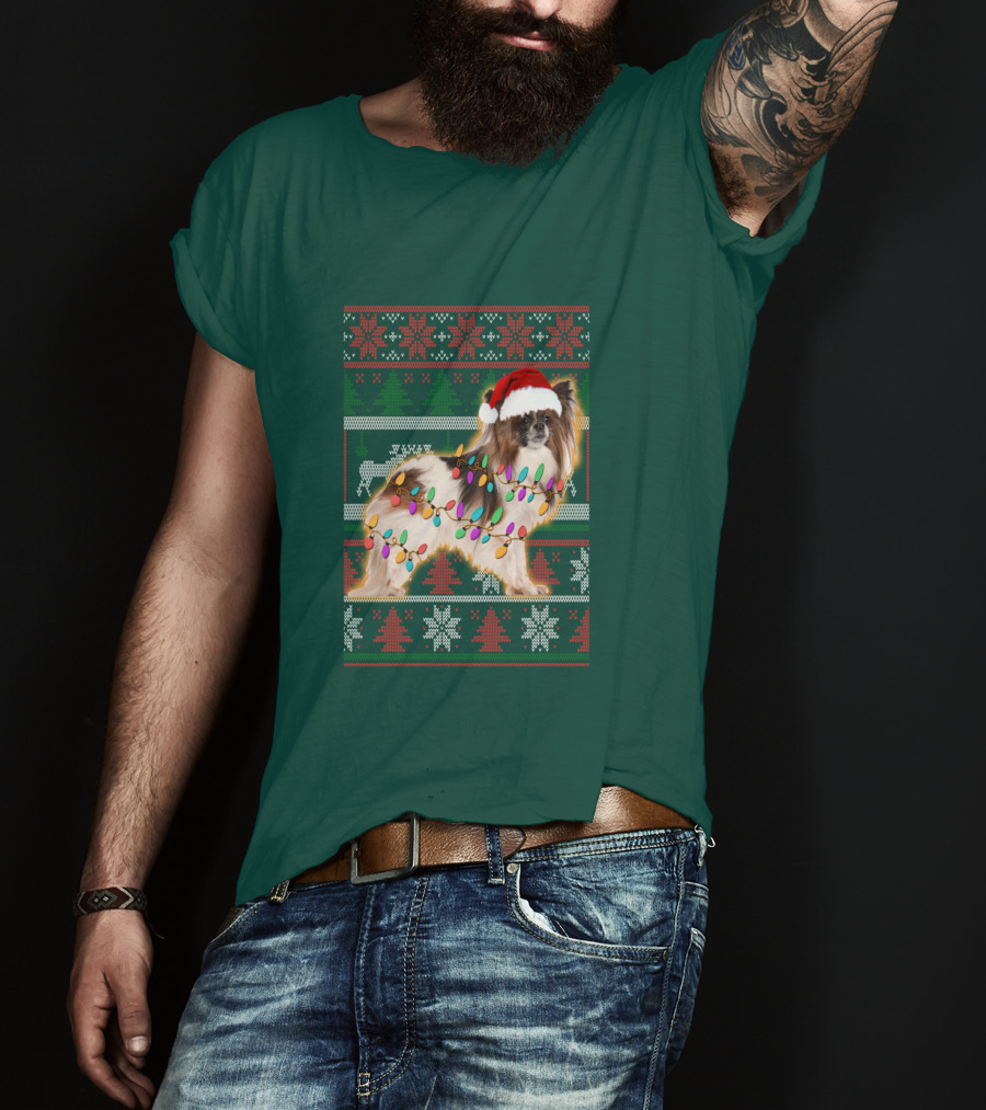 Papillon Dog In Christmas Sweater With Lights And Santa Hat T-Shirt
