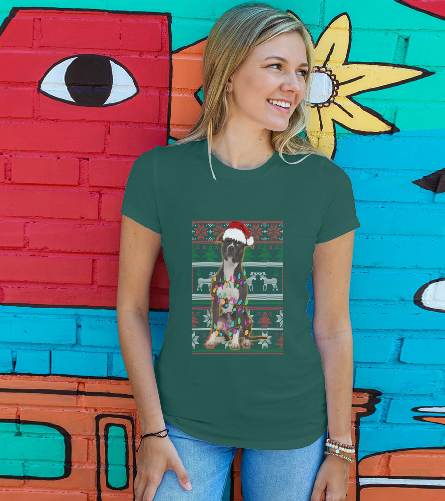 Pitbull Christmas Sweater With Santa Hat And Holiday Lights T-Shirt