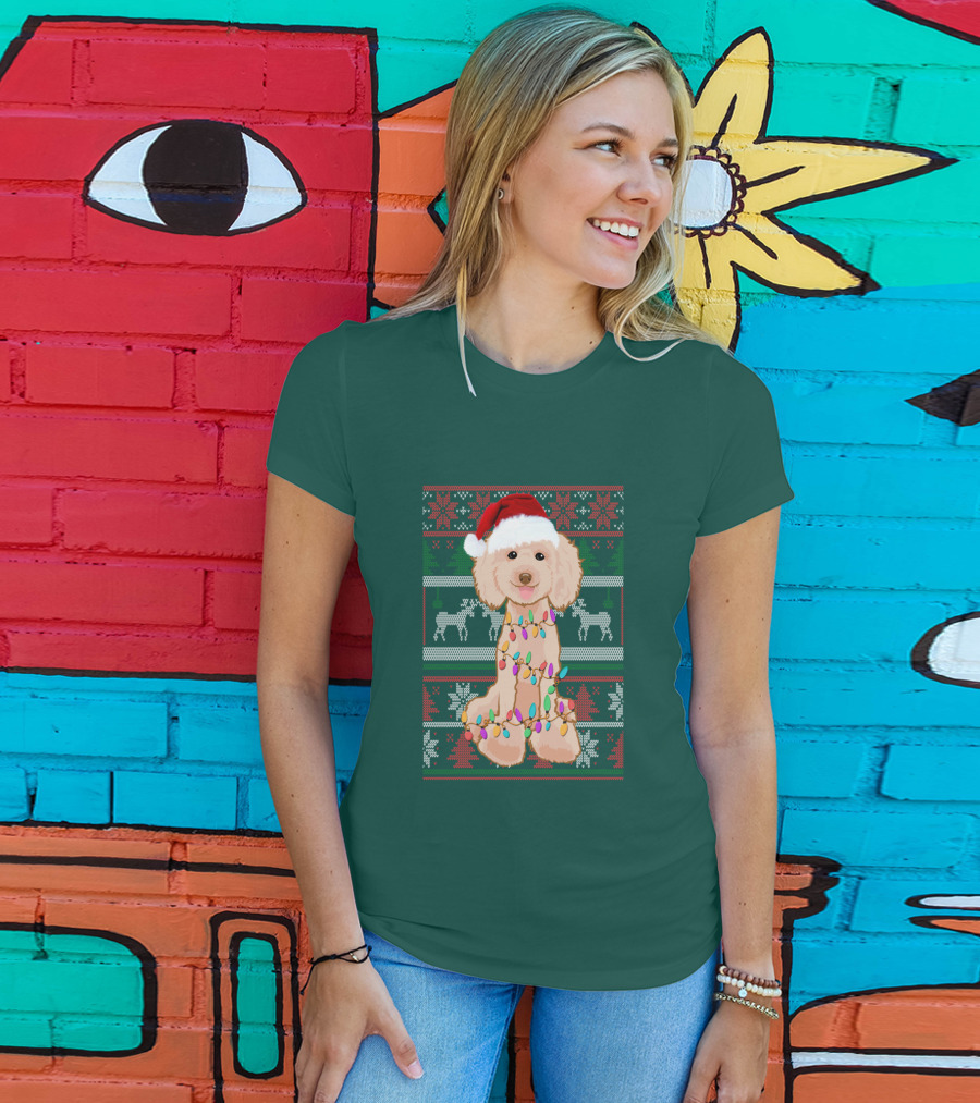 Poodle Santa Hat Christmas Lights Ugly Sweater Reindeer Snowflakes T-Shirt
