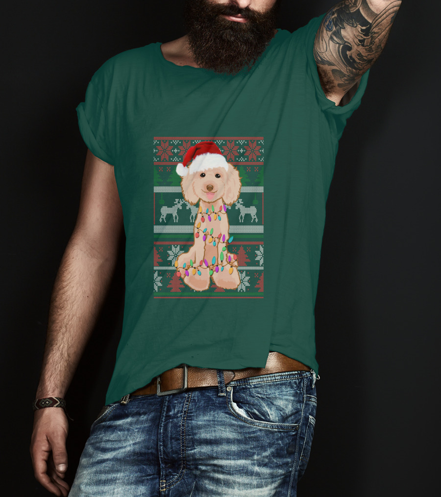 Poodle Santa Hat Christmas Lights Ugly Sweater Reindeer Snowflakes T-Shirt