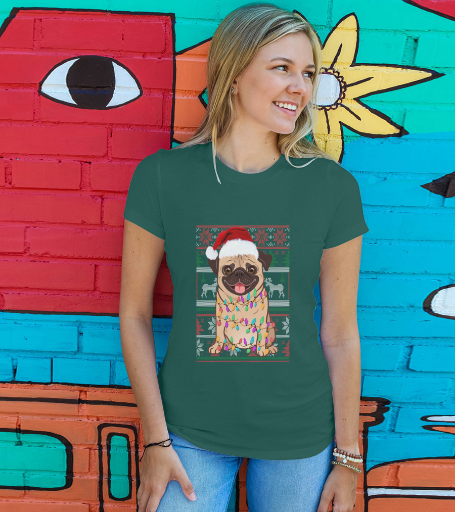 Pug Christmas Santa Hat Holiday Lights Sweater Reindeer T-Shirt