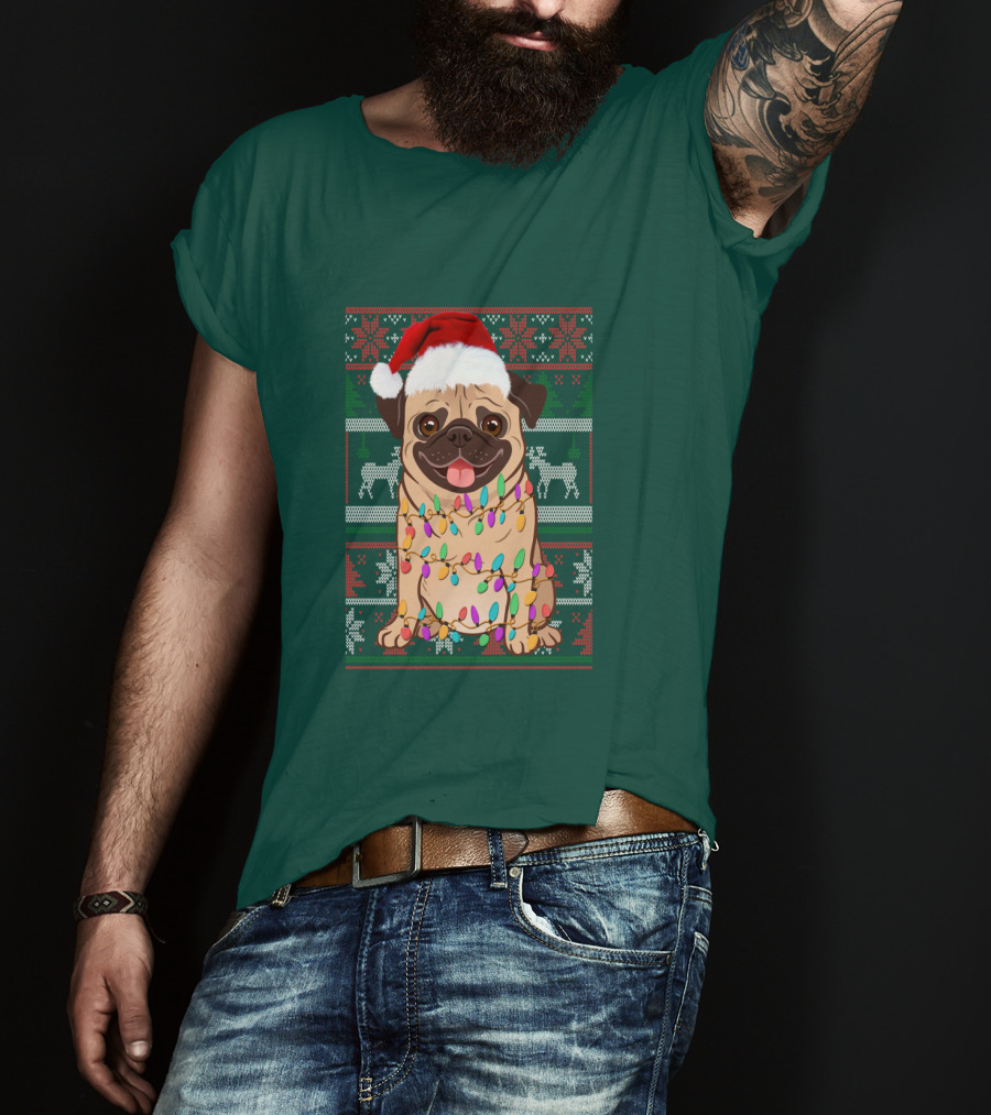 Pug Christmas Santa Hat Holiday Lights Sweater Reindeer T-Shirt