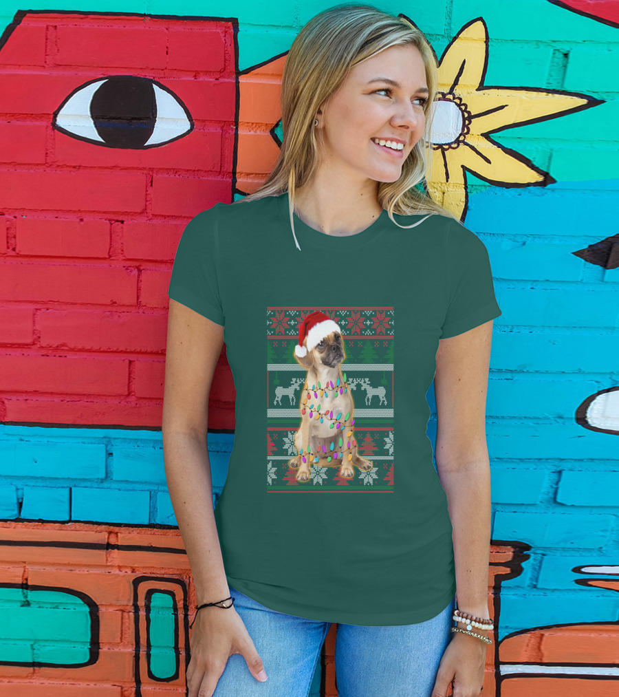 Puggle Christmas Santa Hat With Holiday Lights T-Shirt