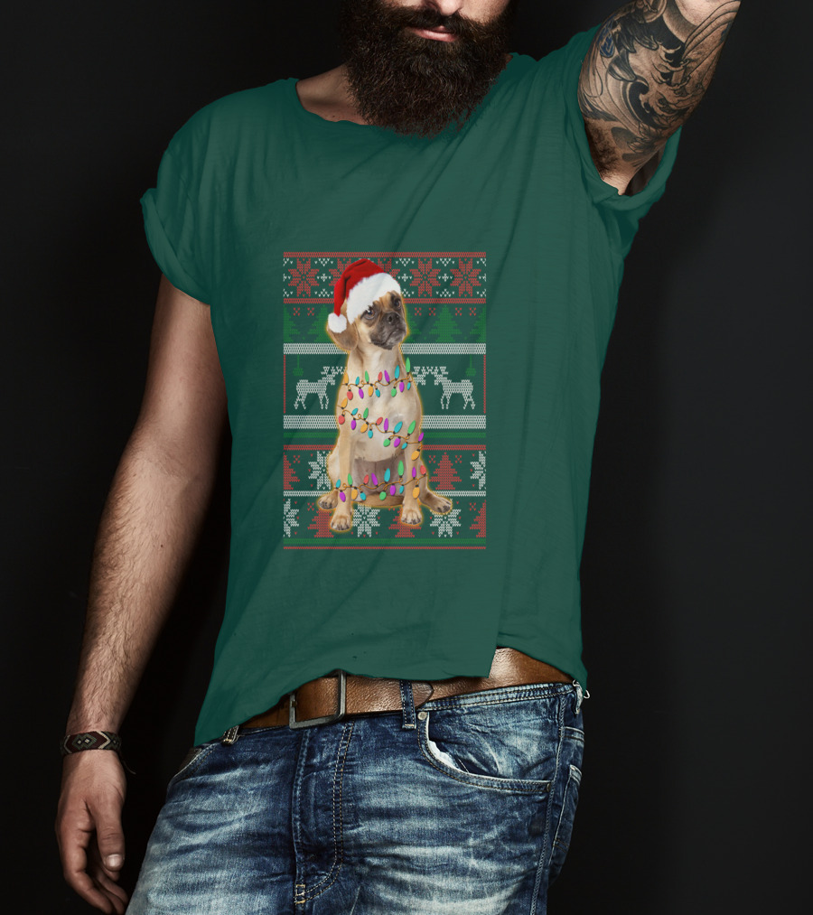 Puggle Christmas Santa Hat With Holiday Lights T-Shirt
