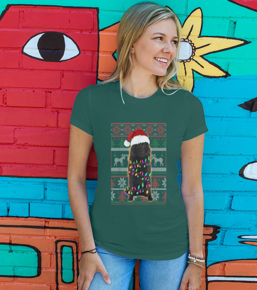 Schipperke Santa Hat Festive Christmas Lights Ugly T-Shirt