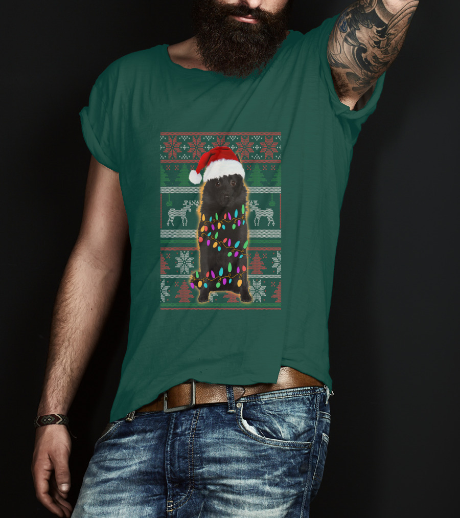 Schipperke Santa Hat Festive Christmas Lights Ugly T-Shirt
