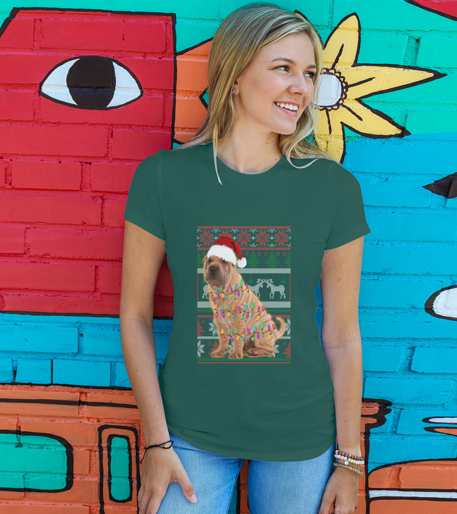 Shar Pei Christmas Lights Santa Hat Puppy T-Shirt