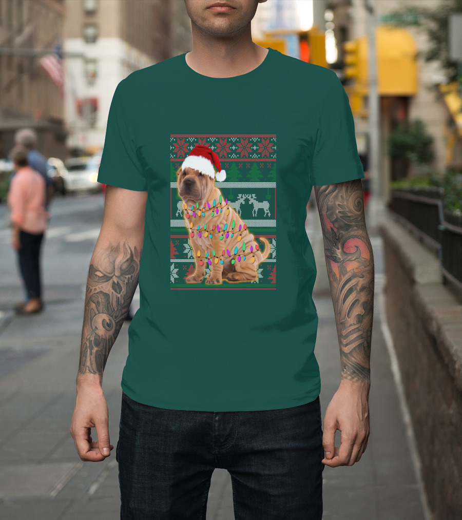 Shar Pei Christmas Lights Santa Hat Puppy T-Shirt