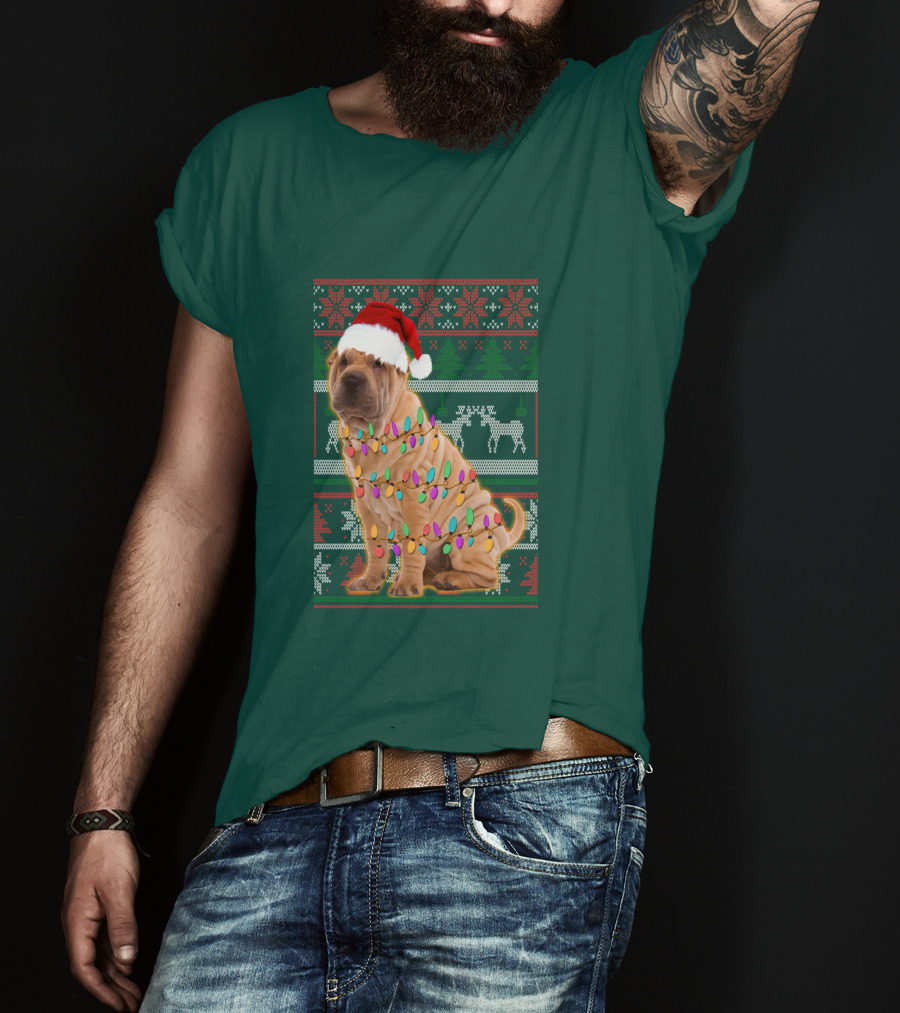 Shar Pei Christmas Lights Santa Hat Puppy T-Shirt