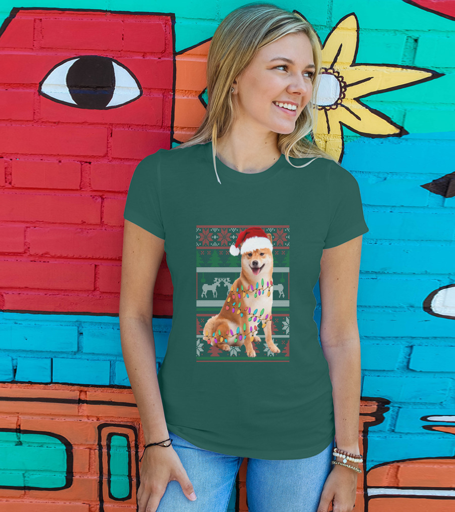Shiba Inu Christmas Sweater Lights Santa Hat T-Shirt