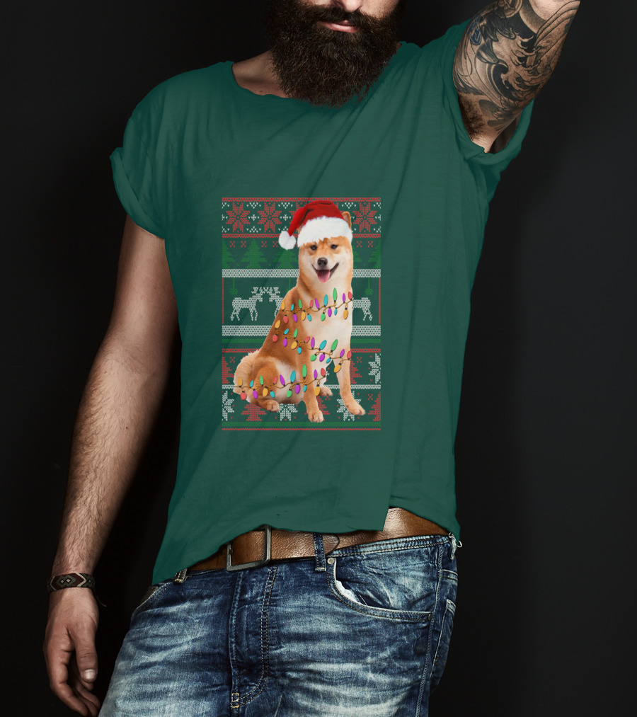Shiba Inu Christmas Sweater Lights Santa Hat T-Shirt