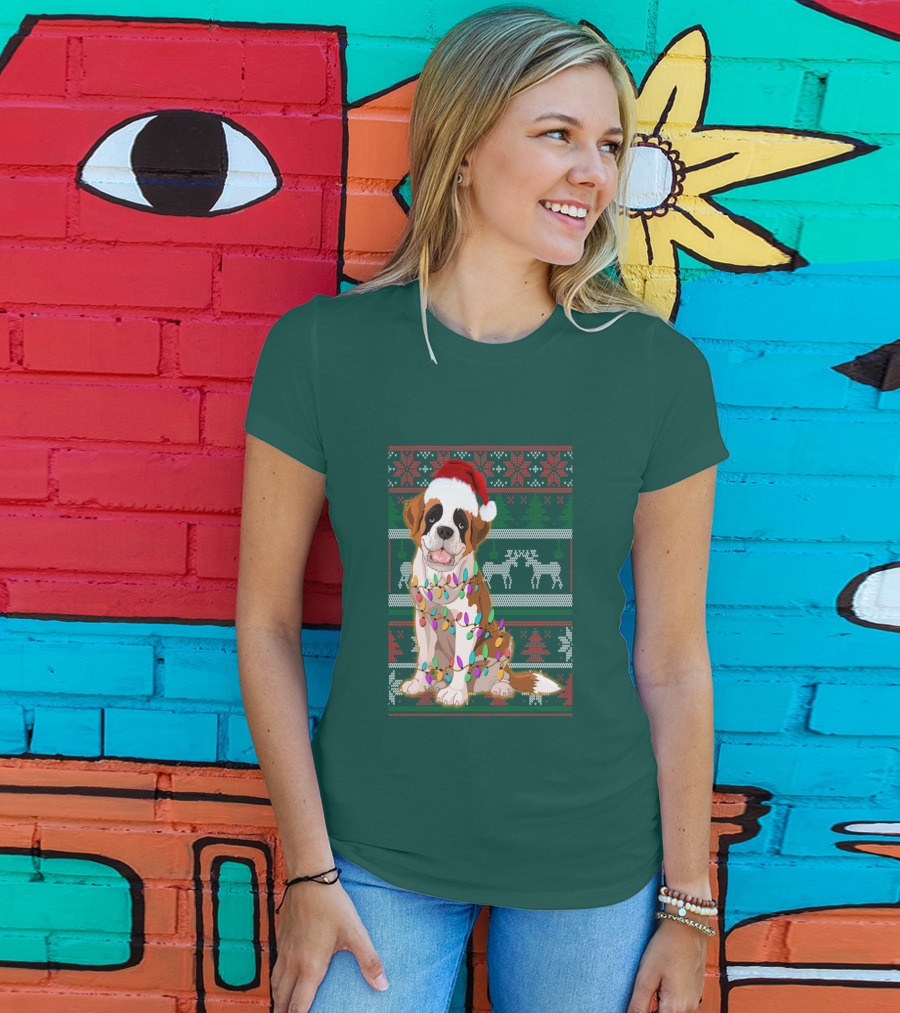 St Bernard Christmas Lights Ugly T-Shirt