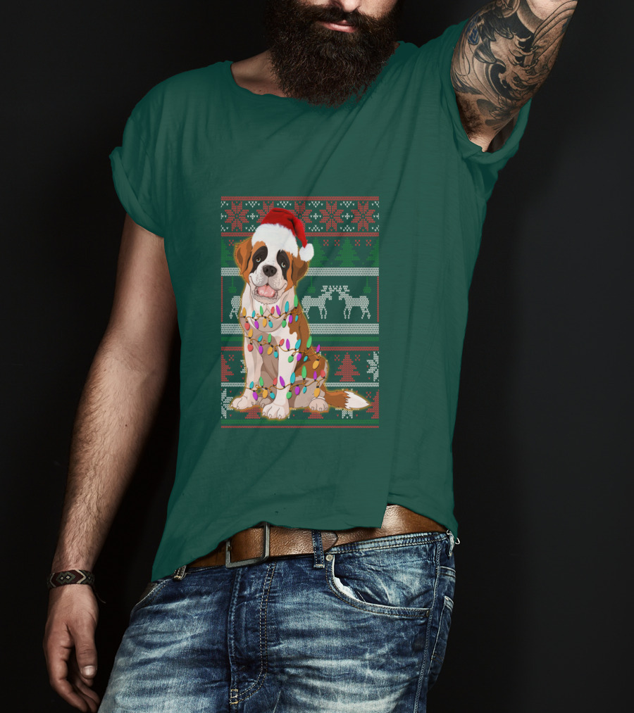 St Bernard Christmas Lights Ugly T-Shirt