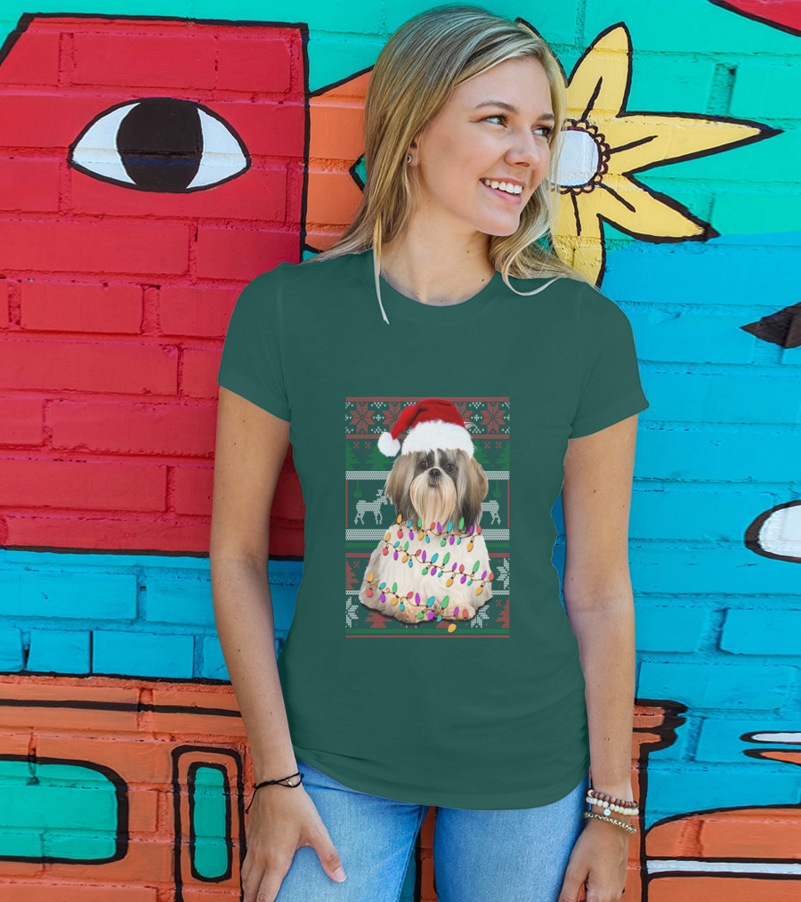 Shih Tzu Christmas Lights Santa Hat Holiday T-Shirt