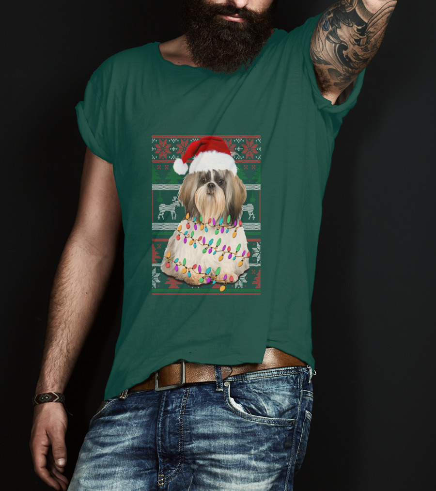 Shih Tzu Christmas Lights Santa Hat Holiday T-Shirt