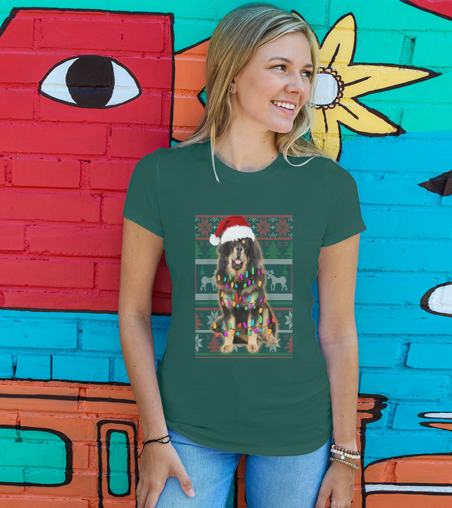 Tibetan Mastiff Christmas Sweater With Lights And Santa Hat T-Shirt
