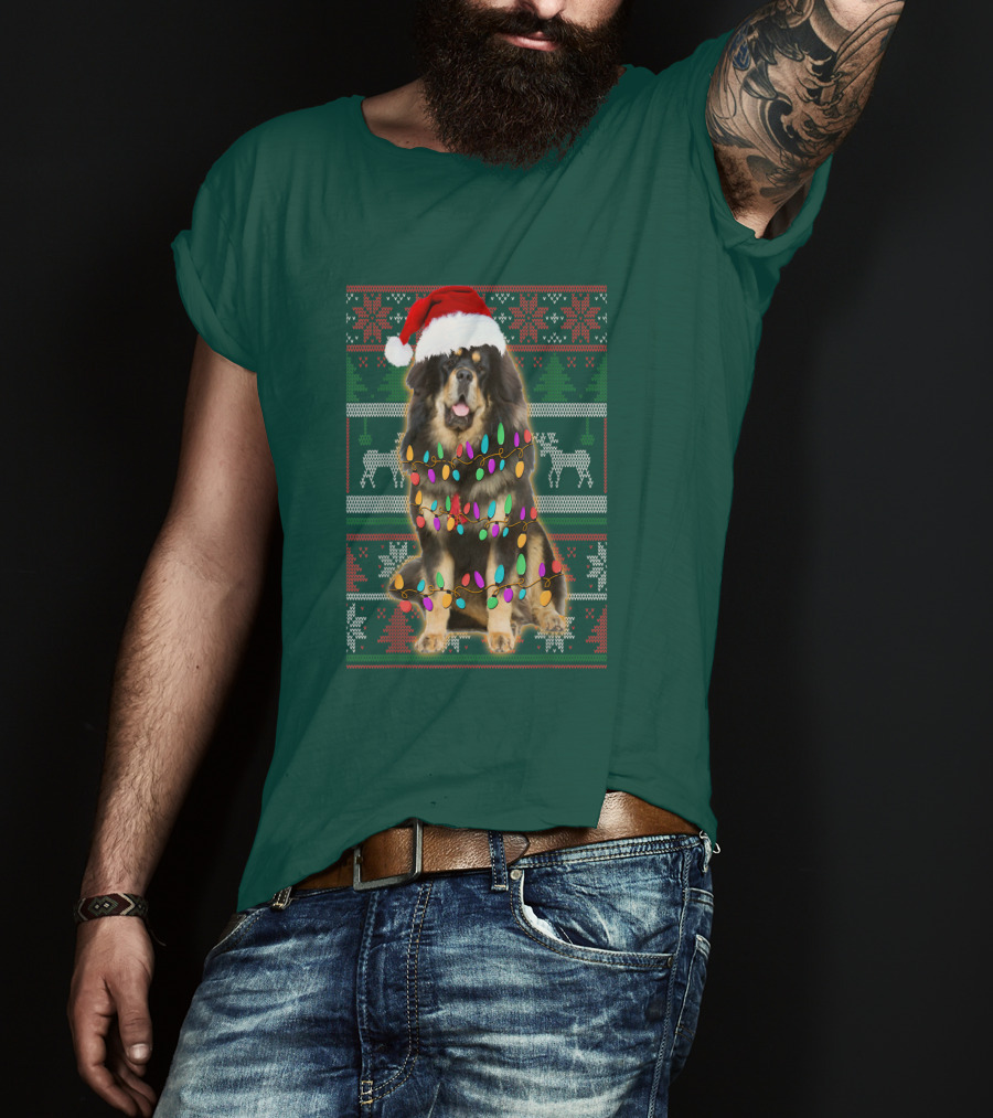 Tibetan Mastiff Christmas Sweater With Lights And Santa Hat T-Shirt