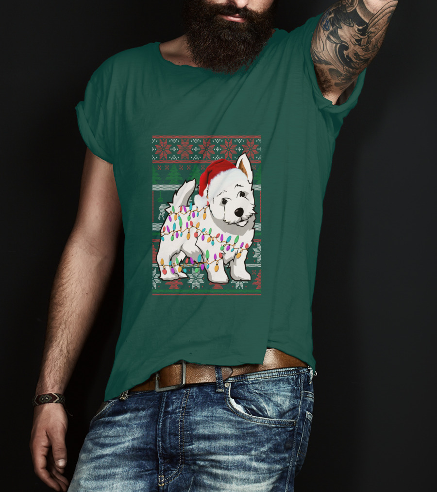 West Highland White Terrier Christmas Lights Ugly Sweater Santa Hat T-Shirt