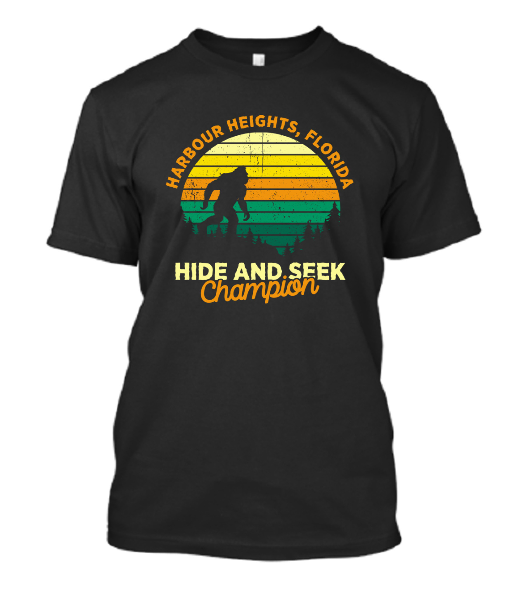 Harbour Heights Florida Bigfoot Hide And Seek Champion Retro Sunset T-Shirt