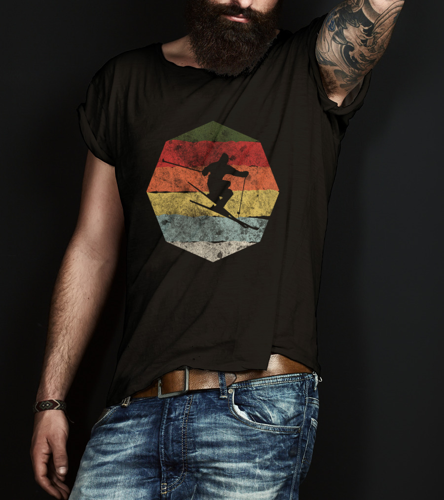 Vintage Winter Skier Birthday Hexagonal Retro Stripes T-Shirt
