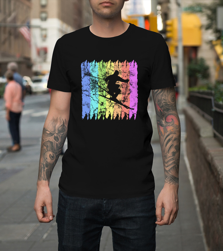 Vintage Rainbow Skiing Silhouette Winter Sports T-Shirt