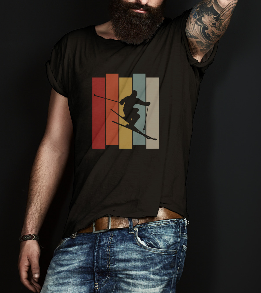 Vintage Skiing Silhouette On Colorful Retro Stripes T-Shirt
