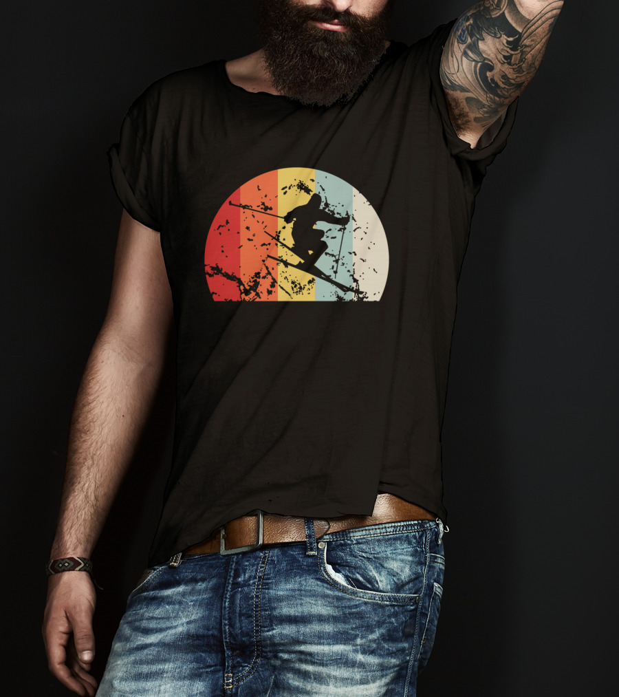 Retro Vintage Skiing Silhouette With Colorful Sunset Stripes T-Shirt
