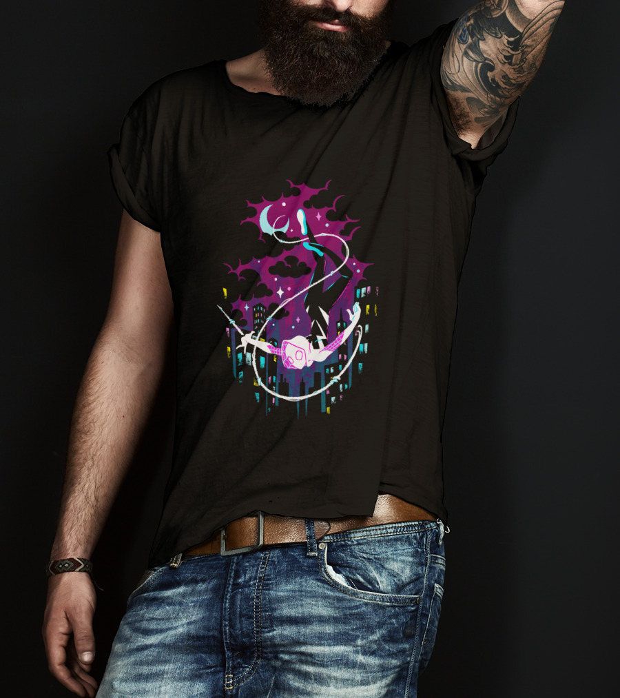 Marvel Ghost Spider Swinging Through Neon City Skyline T-Shirt