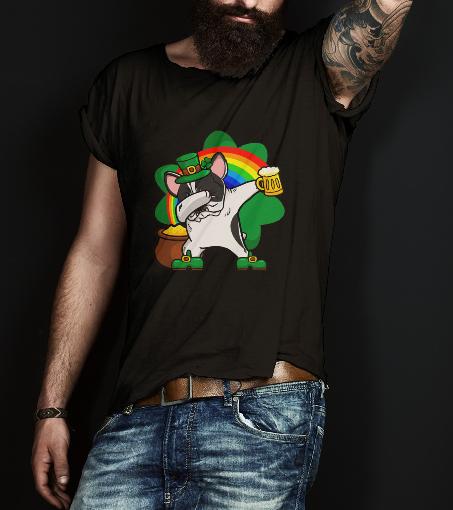 Dabbing Pied French Bulldog St Patrick's Day Rainbow Clover Beer Pot Of Gold T-Shirt