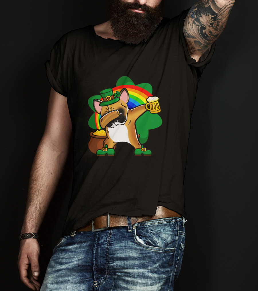 French Bulldog Dabbing Leprechaun With Beer And Rainbow St Patrick's Day T-Shirt