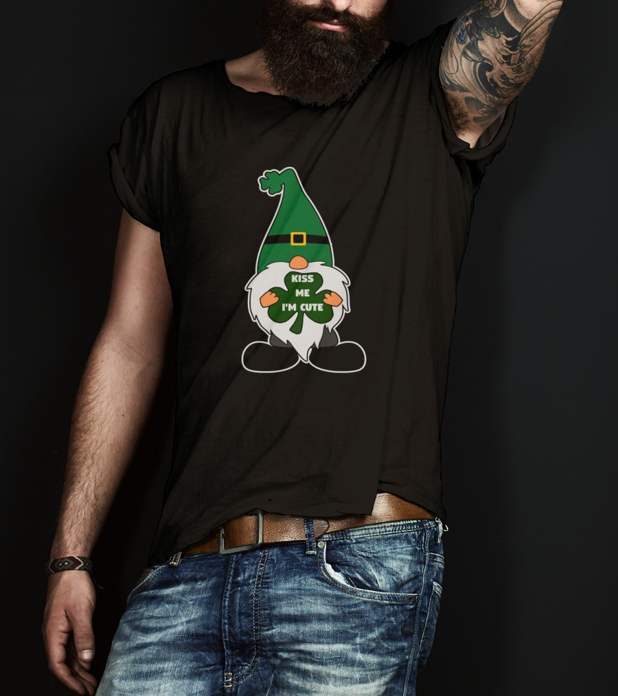 Kiss Me I'm Cute St Patricks Leprechaun Gnome With Clover T-Shirt