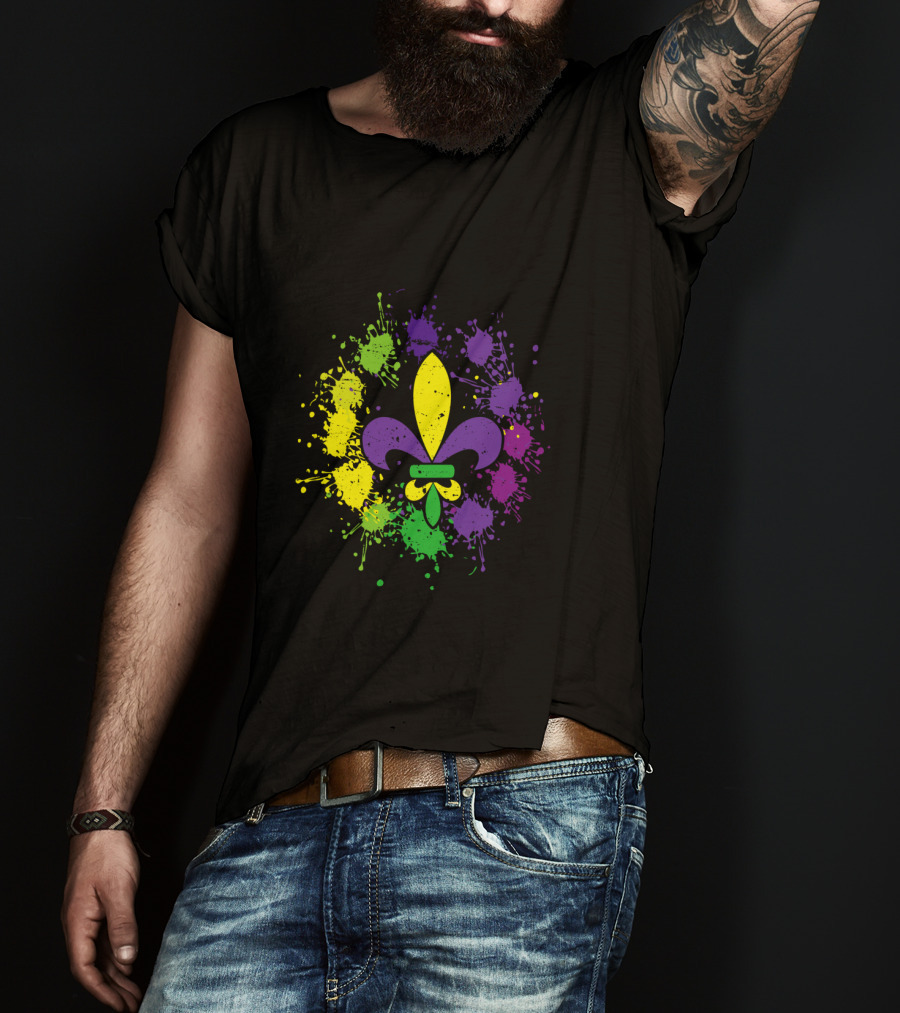 Fleur De Lis Mardi Gras Colors Paint Splatter Vintage T-Shirt