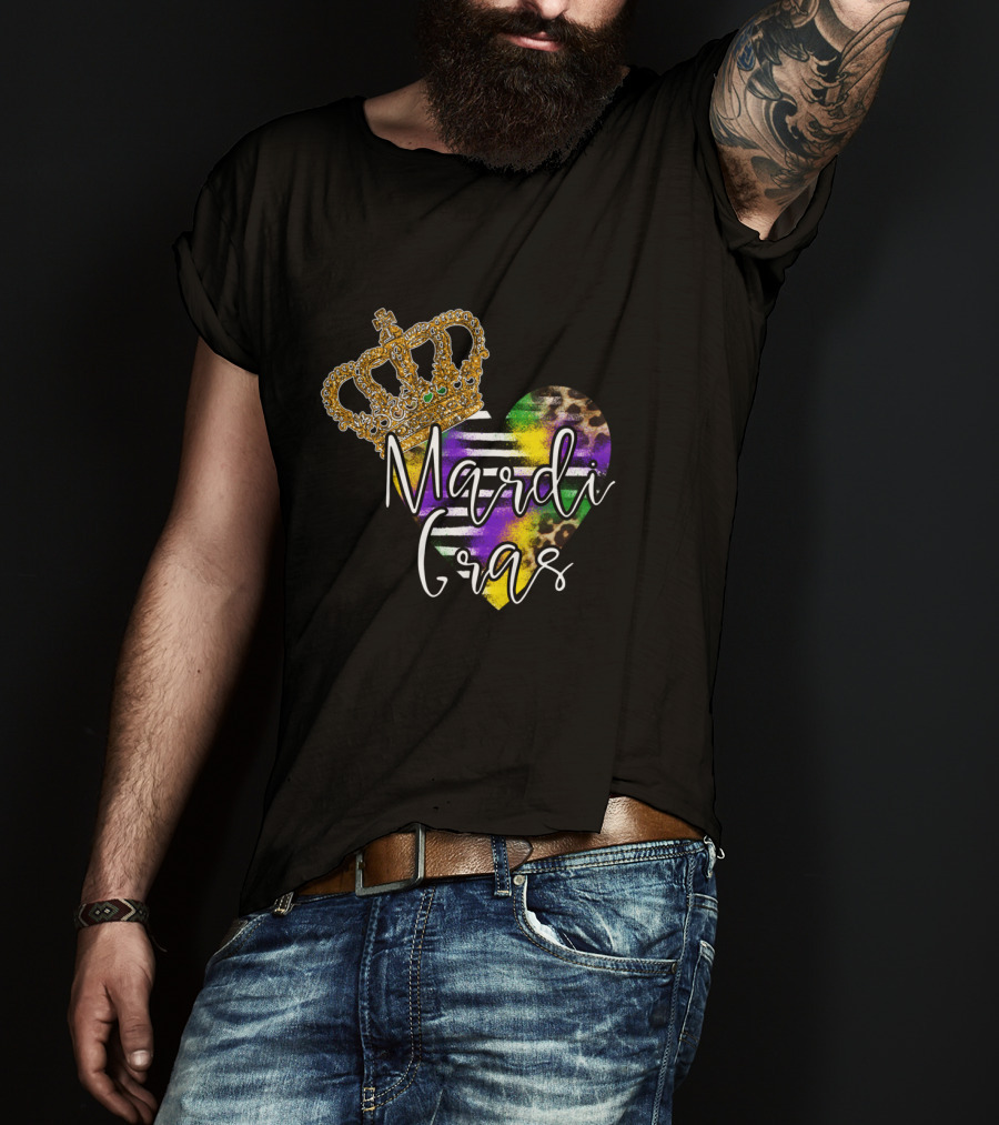 Mardi Gras Crown Heart Leopard Stripes T-Shirt