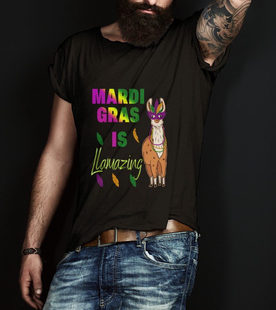 Mardi Gras Is Llamazing Colorful Llama With Mask And Feathers T-Shirt