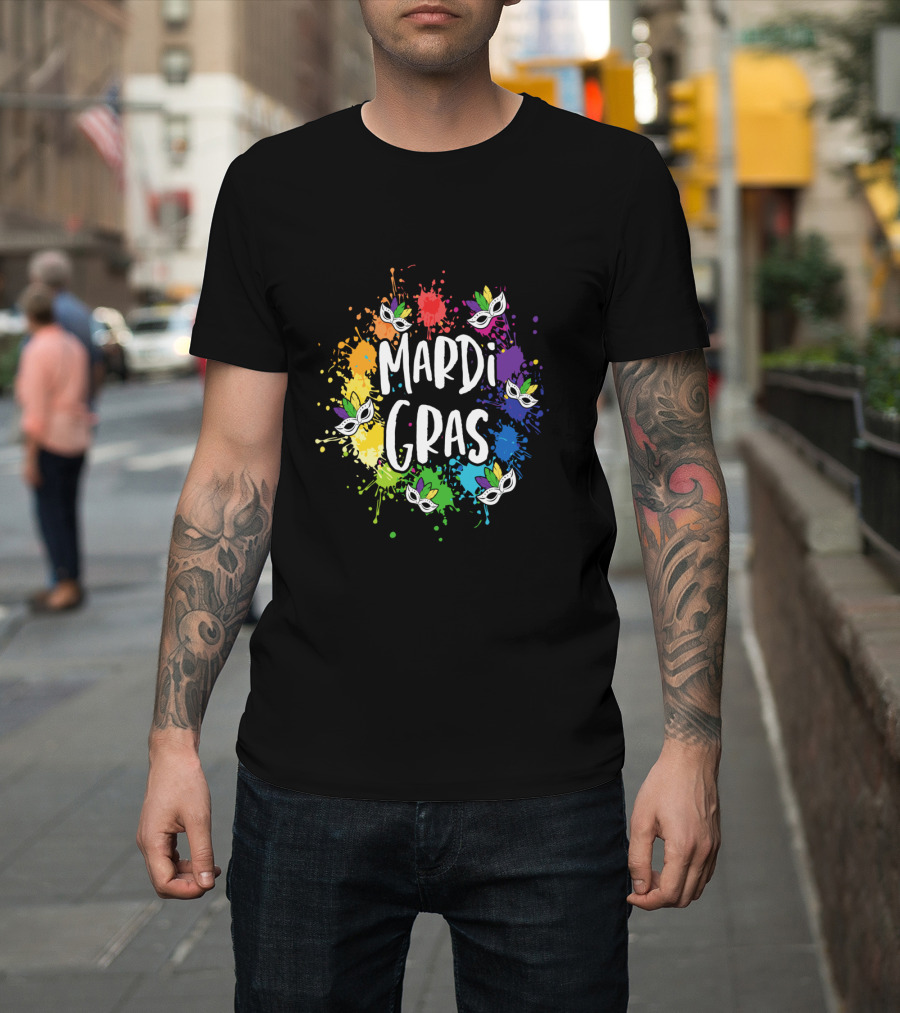 Mardi Gras Mask Colorful Paint Splatter New Orleans T-Shirt