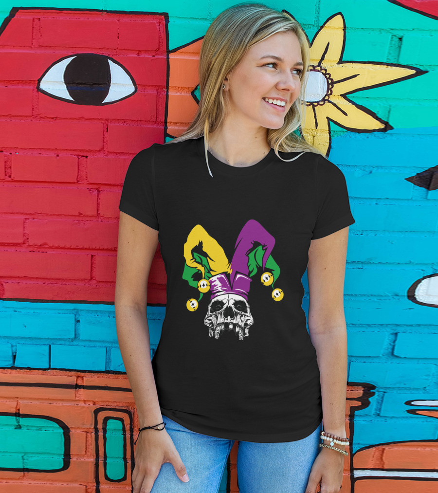 Mardi Gras Skull Jester Hat Purple Green Yellow T-Shirt